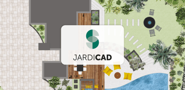Plan de jardin avec piscine et terrasse.