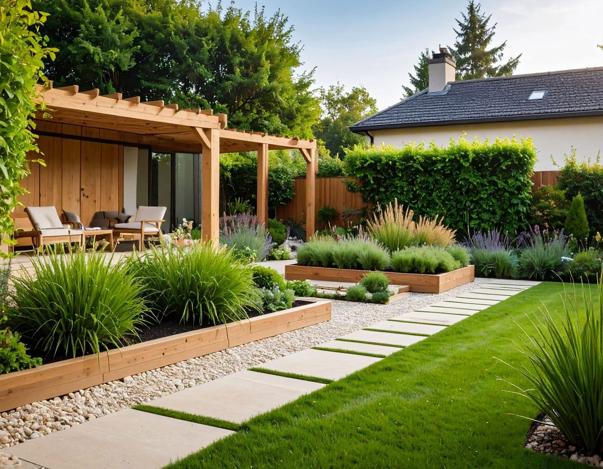 Jardin moderne avec terrasse en bois et plantes.
