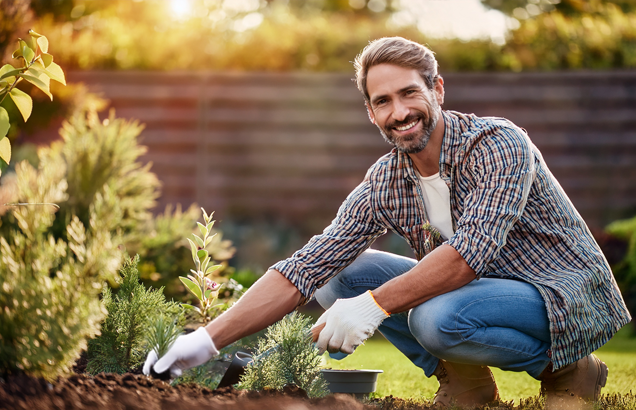 Homme jardinant dans un jardin ensoleillé