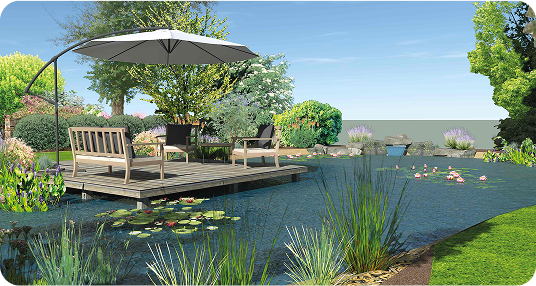 Terrasse au bord d&#039;un étang avec parasol.