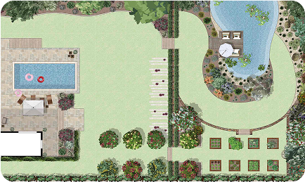 Plan de jardin avec piscine et étang.