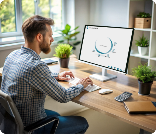 Homme travaillant sur ordinateur dans un bureau moderne.