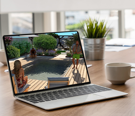 Conception de jardin avec piscine sur ordinateur portable.