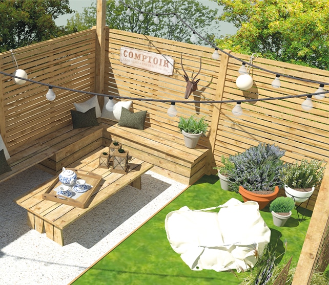 Espace extérieur avec salon en bois et plantes.