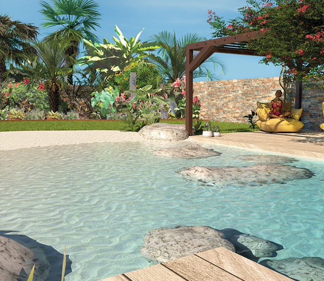 Piscine naturelle, jardin tropical, coin détente ombragé.